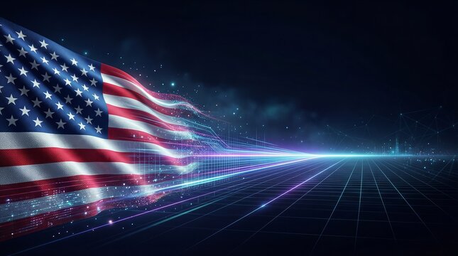Futuristic American flag background glowing on a digital cyber grid. Ideal technology copy space for Independence Day celebrations, Memorial Day veteran tributes, and modern patriotic design layouts.