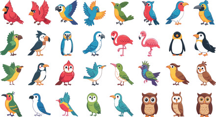 Big set of colorful birds with flying wildlife characters, exotic fauna collection featuring woodpecker, flamingo and goose vector illustration © Mdmokbul