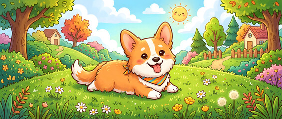Naklejka premium Corgi dog lying on grass with a smile in a cartoon-style pastoral landscape