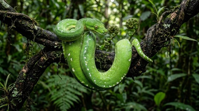 Green tree python coiled on branch close up vibrant snake reptile wildlife detail