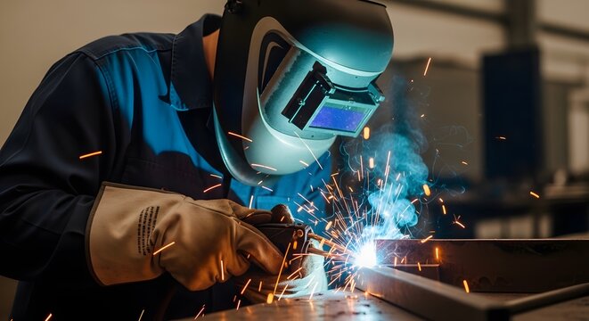 Close-up of a skilled welder working with metal in a workshop, creating sparks and light.