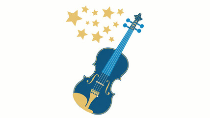 Fototapeta na wymiar A minimalist illustration of a blue violin with gold stars floating above it against a white background.