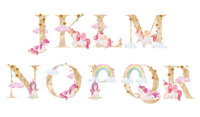 Naklejka premium Watercolor unicorns letters.