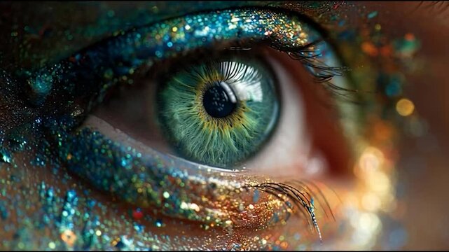 Closeup of eye with sparkly makeup.