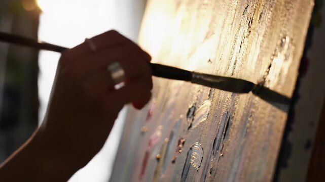 Macro video: skilled artist's hand applies impasto details to oil painting. Soft golden hour light, blurred studio, subtle lens flare. Serene artistic expression