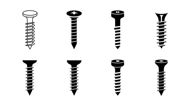 A set of eight black and white illustrations of screws arranged in a 2x4 grid on a white background.