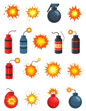 Colorful explosive bomb icons and fireworks.