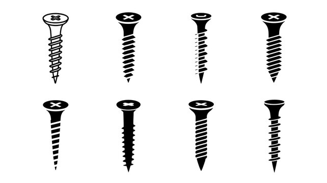 A set of eight black and white illustrations of screws arranged in a 2x4 grid on a white background.