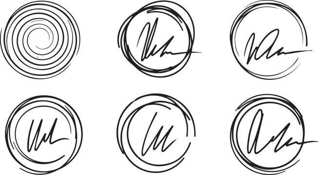 Circular stamp signature designs with spiral orbits and scribbled outlines for artistic logo symbols or certification marks icon.