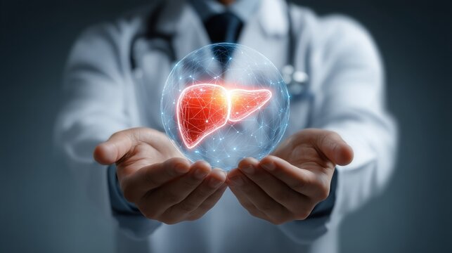 Doctor presents a hologram of the liver to discuss liver health and the importance of transplantation methods in medical practice