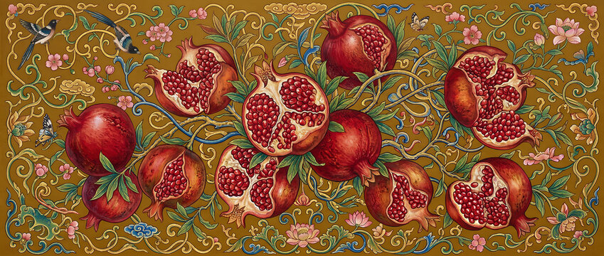 Traditional Chinese-style illustration featuring pomegranate fruits, blooming flowers, and ornate vines on a golden background