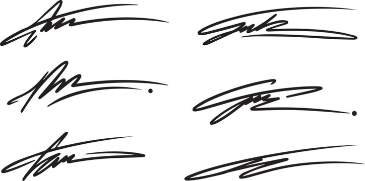 Six elegant black signatures with flowing lines on transparent background, unique handwritten styles for personal branding.