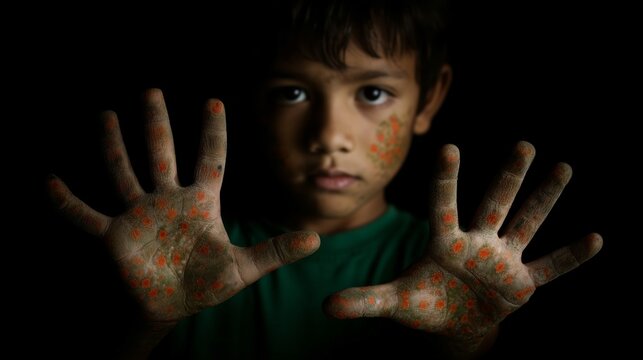 Child shows hands with viral rash from hand foot and mouth disease in a dark setting
