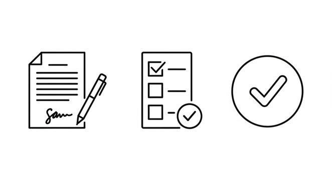Checklist and Signature Icons Representing Agreement and Completion.