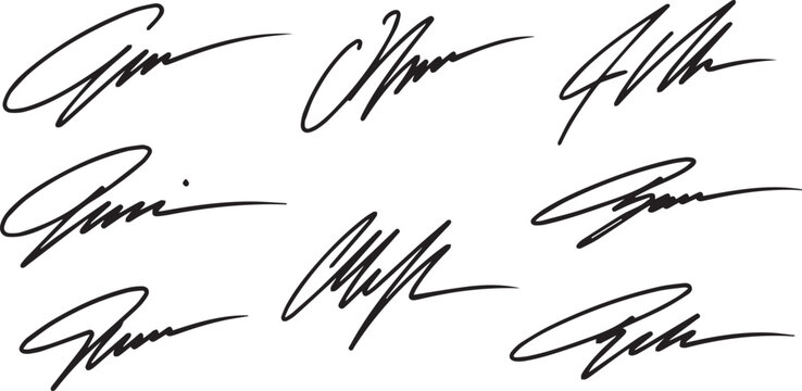 Eight black cursive handwritten signatures on transparent checkered background, elegant autographed scripts, professional personal writing examples.