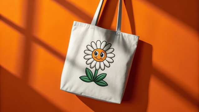 White canvas tote bag with a cute cartoon daisy flower design