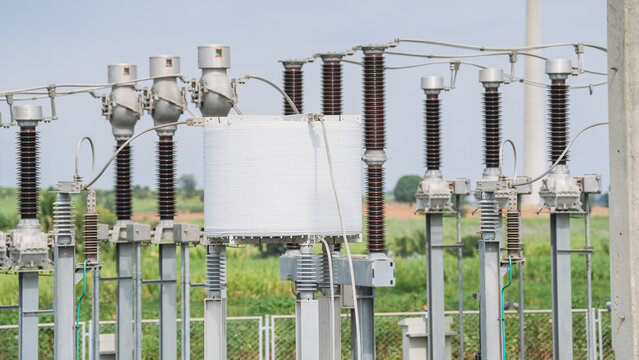 Electric current redistribution substation. Clean and Renewable energy concept.