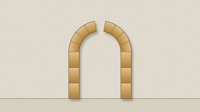 Animation of building a stone arch from falling blocks, construction and architecture concept