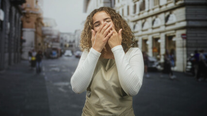 Fototapeta premium Young woman with curly hair covers mouth with hands, laughing in an urban street with historic buildings; joy playfulness.