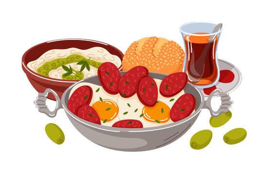 Traditional turkish breakfast illustration with cooked egg, sucuk sausage, yogurt dip haydari, tea and pogaca bread. Cuisine meal in cartoon for menu, cafe design.