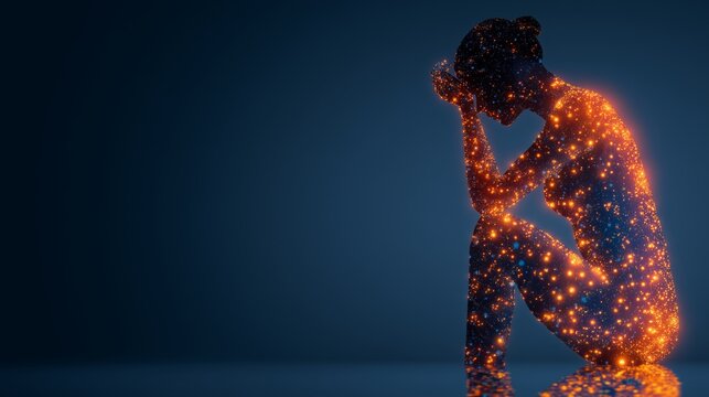 Representation of fibromyalgia shows person feeling widespread pain and fatigue through glowing points in dark space to raise awareness