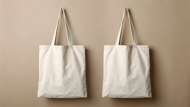 Two blank canvas tote bags hanging on a neutral background