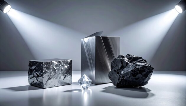A collection of carbon allotropes including lustrous graphite, a tiny diamond crystal, and raw coal samples on a clean studio surface
