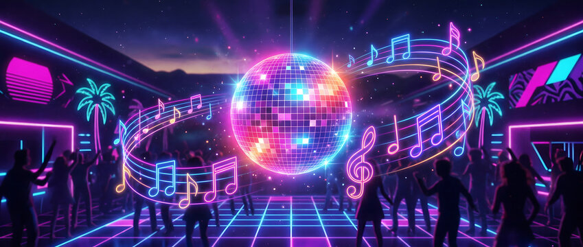 Neon-lit disco dance hall with crowds celebrating and musical notes swirling around a glittering disco ball