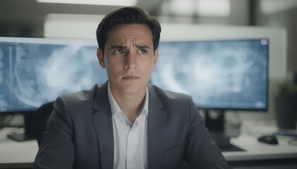 Fototapeta premium Close medium shot on an underwriters face illuminated by AI software windows one monitor shows risk flags while the rest of the room is out of focus.