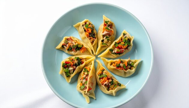Artfully arranged colorful vegetable dumplings on a light blue plate, a vibrant and healthy appetizer.