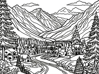 Fototapeta premium Black and white coloring book page, A mountain valley posing with pride in a christmas festive portrait 
