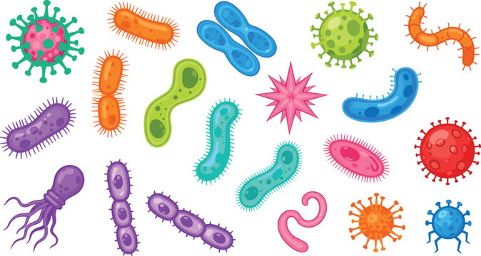 Colorful Microorganisms Bacteria and Viruses Vector Set Featuring Diverse Pathogen Shapes Germs Microbes and Biological Cell Structures for Science Education