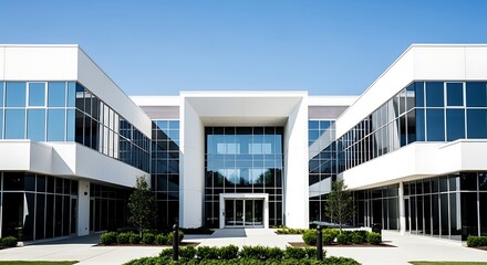 Fototapeta premium Modern office building with glass windows and blue sky