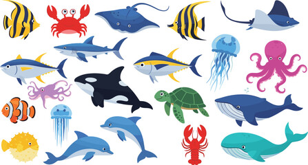 Cute cartoon sea animals vector set featuring whale shark dolphin octopus orca turtle jellyfish and tropical fish illustrations for marine life educational materials and nursery room wall art decor © MdRezaul