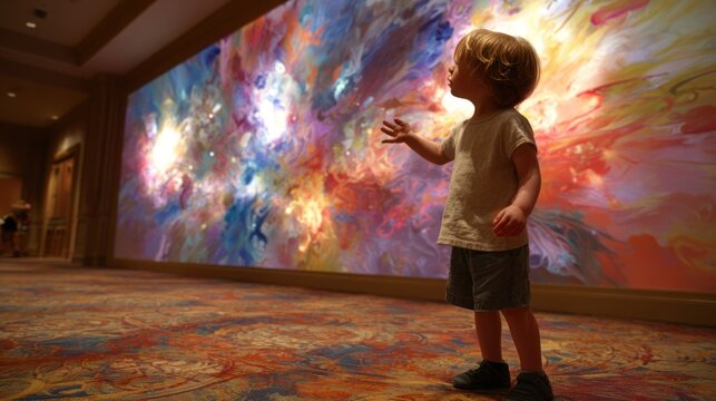 Young child gazing at colorful abstract artwork inside an indoor space