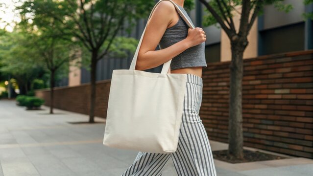 Woman carrying a canvas tote bag while walking outdoors in a stylish outfit