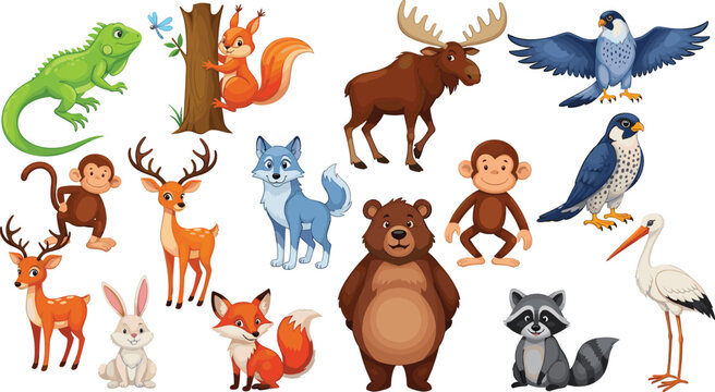 Wild Animals and Birds Vector Set Featuring Bear Fox Wolf Deer Monkey Squirrel and Owl for Forest Wildlife Nature Education and Cartoon Mascot Design
