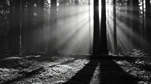 Black and white view through tall trees towards bright sunlight breaking through mist and fog in the forest
