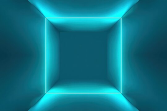 Turquoise neon square frame within recessed box interior