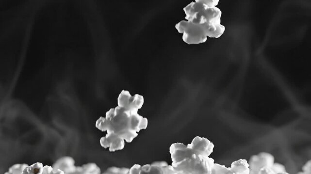 Black and white slow motion popcorn kernels popping upwards with vapor background and texture