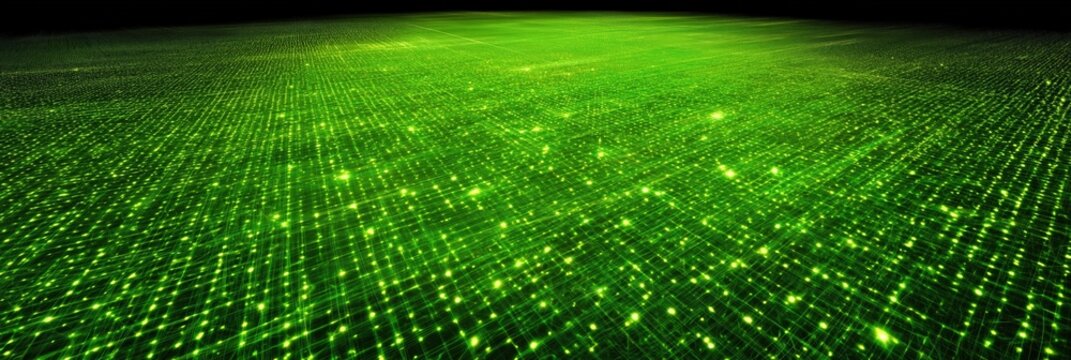Digital grid field glowing with particles in void realm