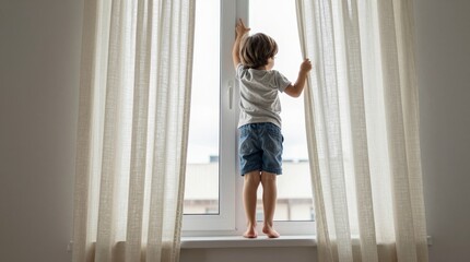 Fototapeta premium Child Peering Out of Window Through Sheer Curtains in Bright Room