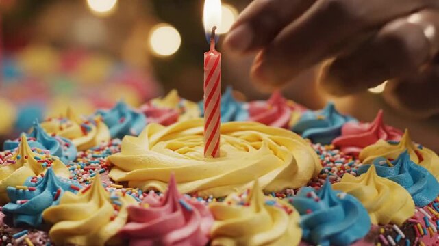 Colorful cake with lit birthday candle.