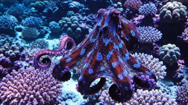Mesmerizing close up of a blue-ringed octopus showcasing vibrant patterns amidst colorful coral reef underwater