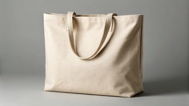 Plain beige canvas tote bag with handles on a neutral background