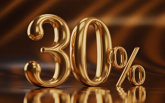 Golden 30 percent discount off sale sign in 3D shiny copper color metallic