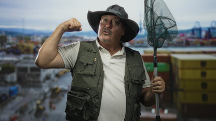 Man fisherman flexes forearm while holding green landing net at busy shipping port pier with containers and cranes  pride resilience. © Krakenimages.com