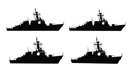 Four silhouettes of modern naval warships on a white background © MdNirob