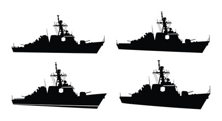 Four silhouettes of modern naval warships on a white background © MdNirob