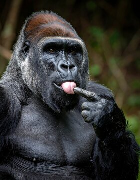 Close up of a majestic silverback gorilla with a playful expression, licking its finger in a lush green natural habitat.